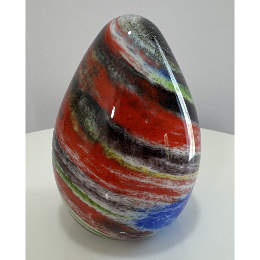 Studio Art Glass Egg Shaped Paperweight Rainbow Banded Swirl Heavy 4" Desk Deco